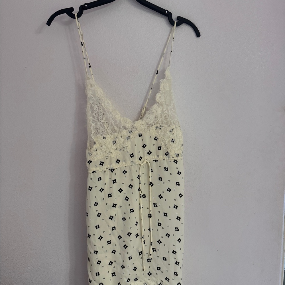 Cream Lace Slip Dress with Black Pattern